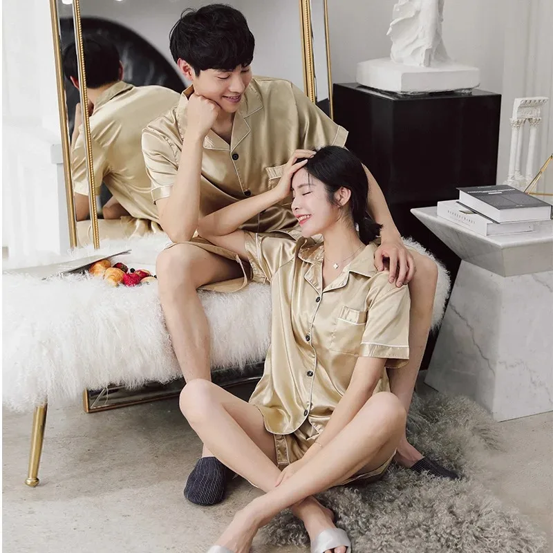 Solid Color Sleepwear Silk Satin Pajamas Couple Set Short-sleeved Pyjamas Suit Pijama Women Men Loungewear Plus Size Pj Set