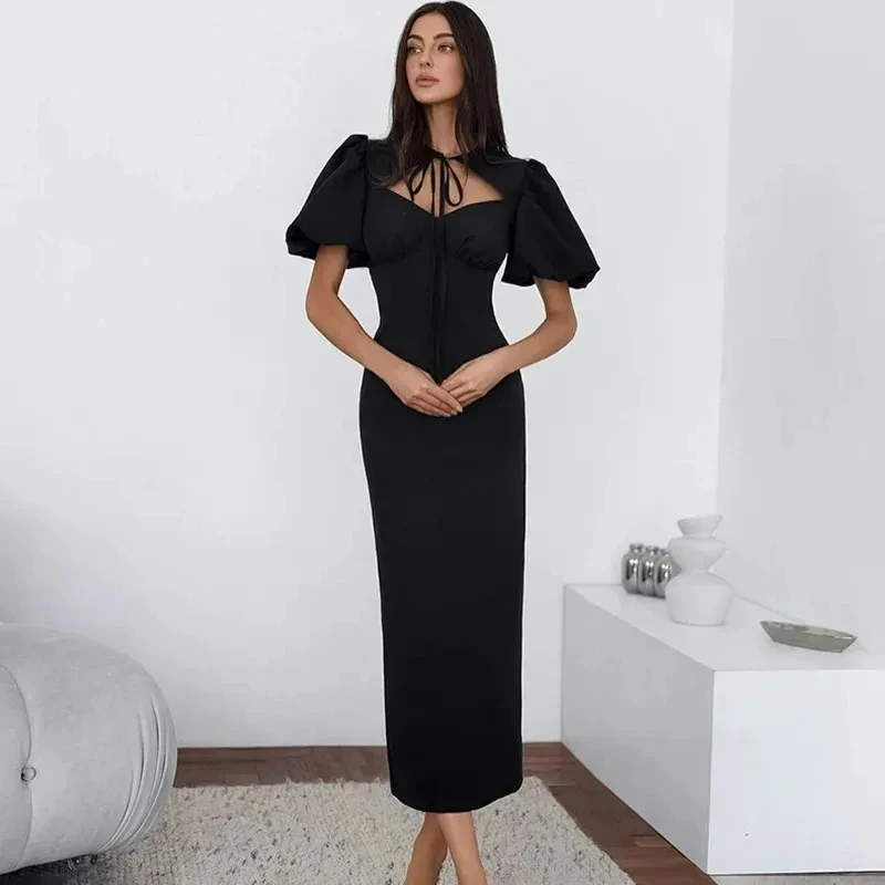 

Ticketsx Elegant Ruched Hollow Out Dress Solid Vintage Lace Up Patchwork Slim Dresses Summer Commuter High Street Women's Dress
