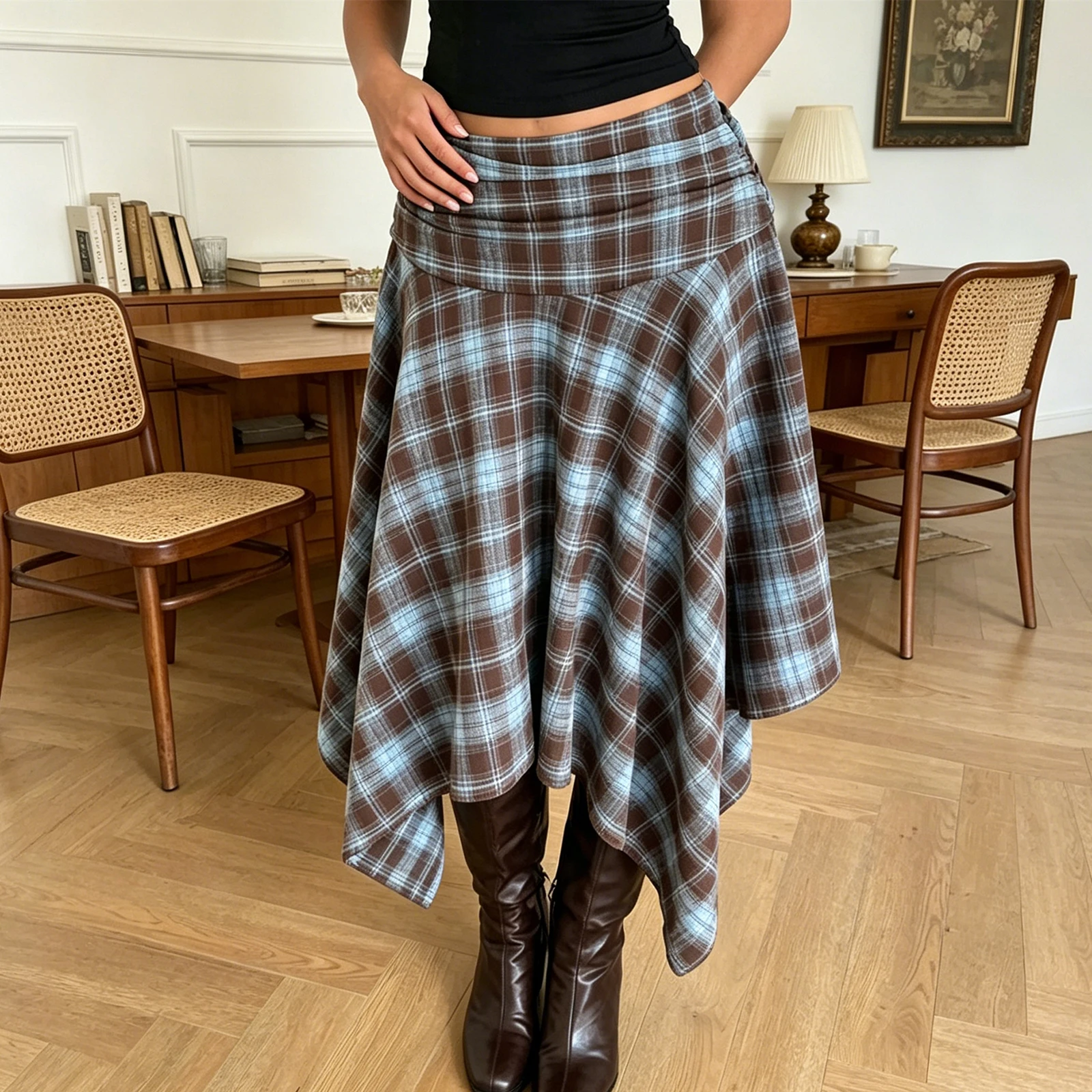 Women's Vintage Irregular Long Skirts Mid Waist Plaid Print Gothic A-Line Skirts