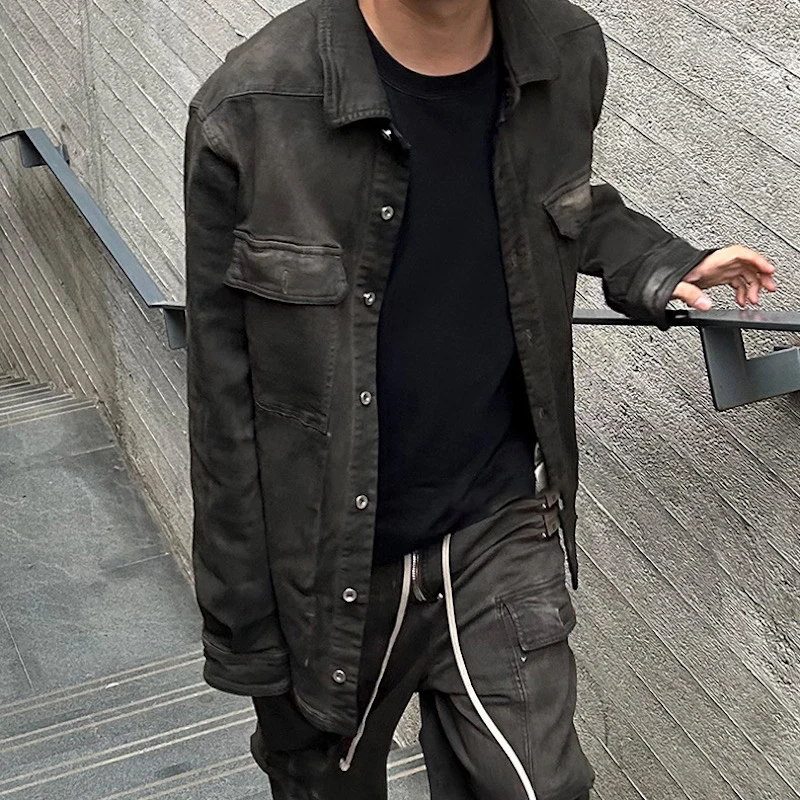 

American High Street Rok Sle Men's Loose Fit Denim irt Dirt Waed Trendy Sa Workwear Jaet Cotton Polyester Blend