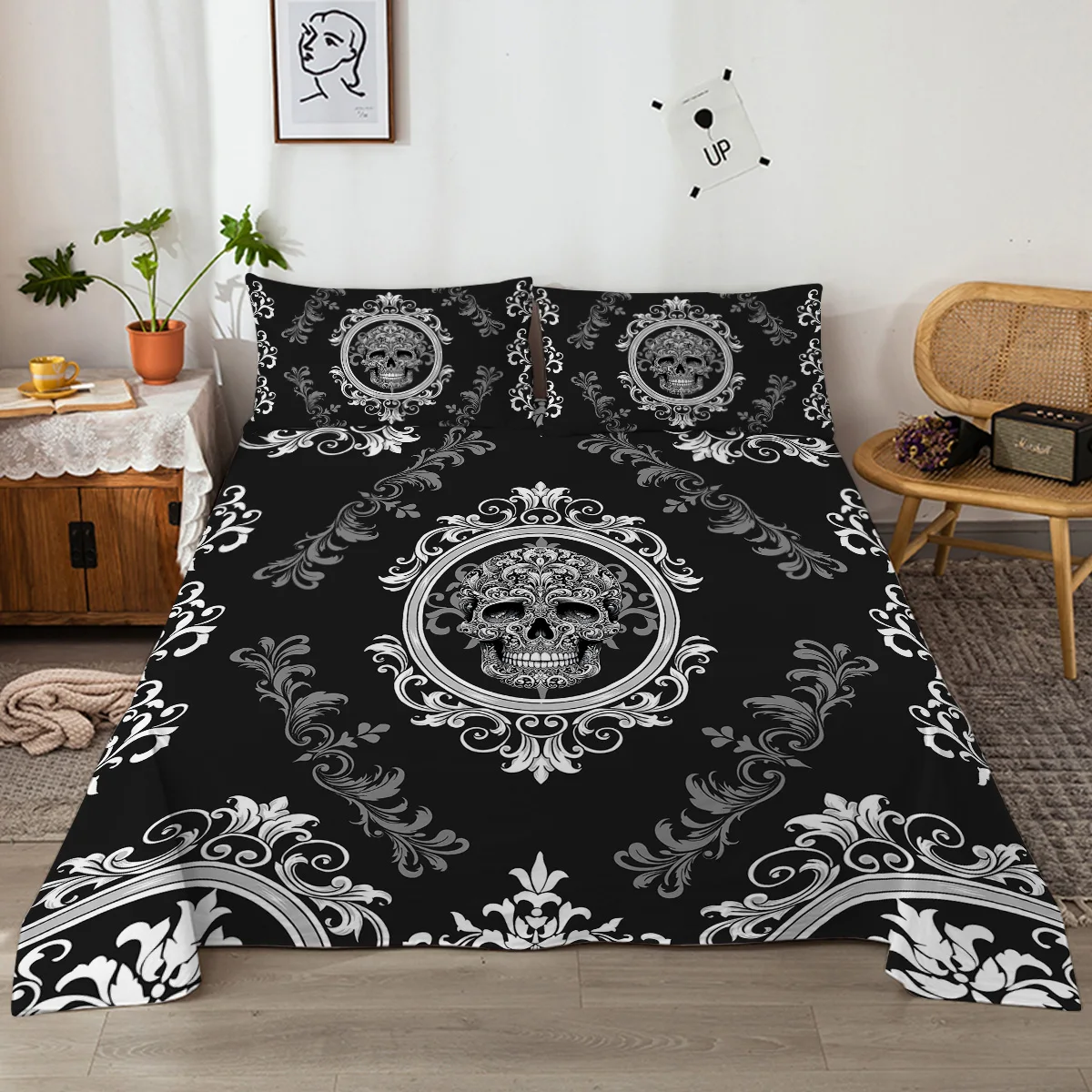 Tattooed Flower Skull Printed Bed Sheets 4-Piece Breathable Soft Includes 1 Flat Sheet,1 Fitted Sheet,2 Shams