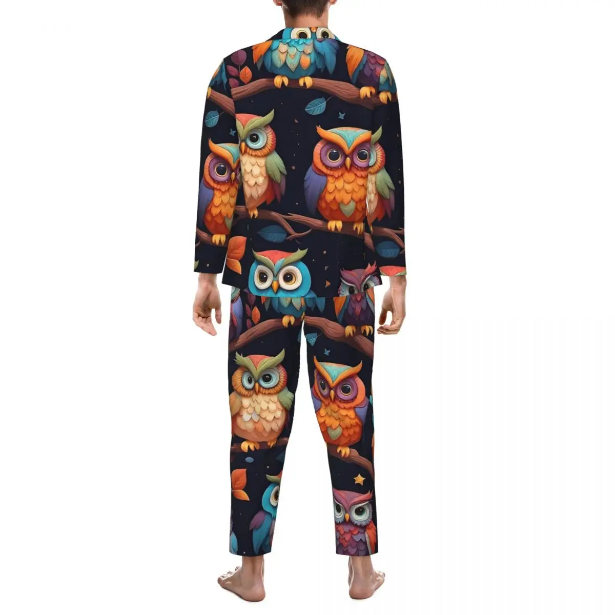 Leuke gewaagde uilpatroon pyjama heren Kawaii dagelijkse nachtkleding herfst 2-delige casual oversized grafische pyjamasets