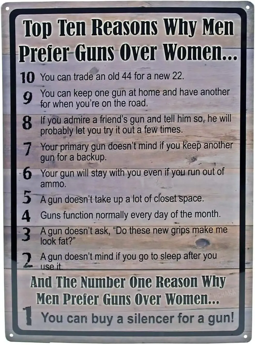 NINGFEI Metal Sign Tin Top Ten 10 Reasons Men Prefer Guns Over Women Funny 8x12 in