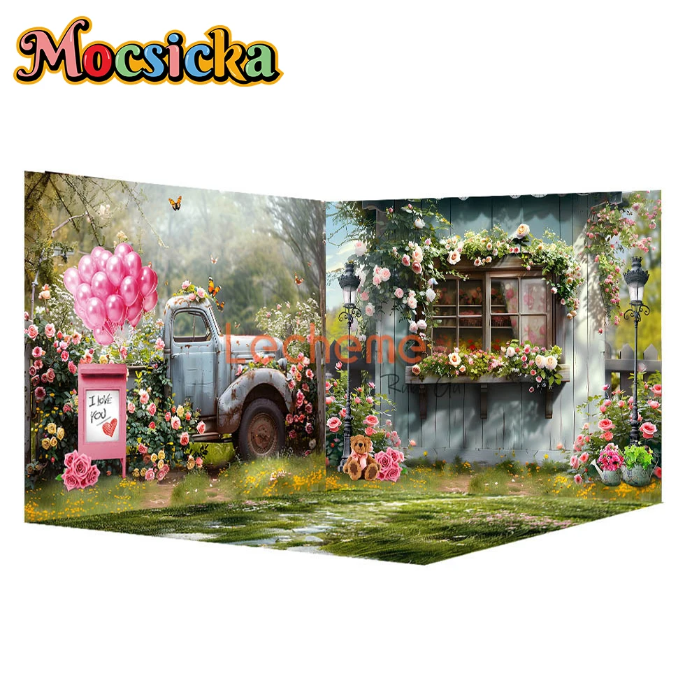 Mocsicka Flower Background For Photography Green Grass Red Rose Wall Easter Spring Backdrops Shooting Wedding Decorations Banner