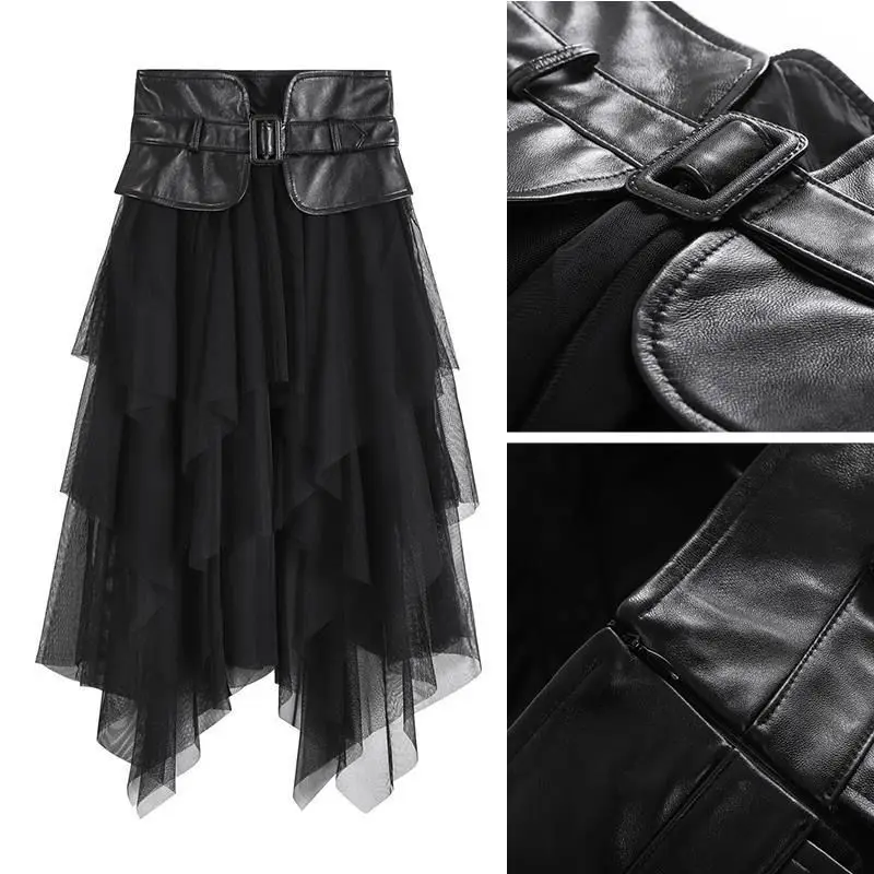 

2024 Mew Pu Leather Skirt High Waist Slim Waist Tiered Design Streetwear Skirts Pleated Gauze Hot All-match Midi Overskirt