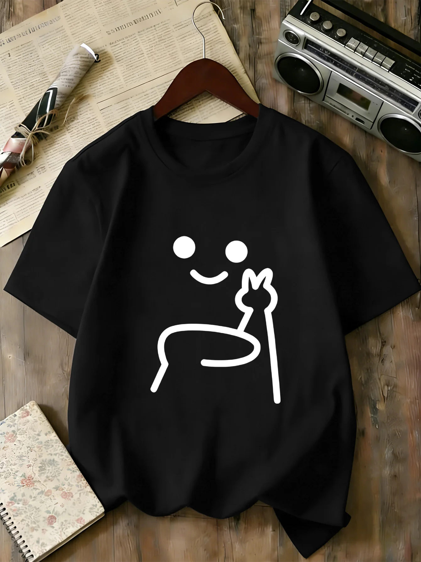 Boys Girls Family Matching Tee Cute Line Art Peace Sign Stick Character Print Short Sleeve Soft Cotton Kids Daily Outdoor Outfit