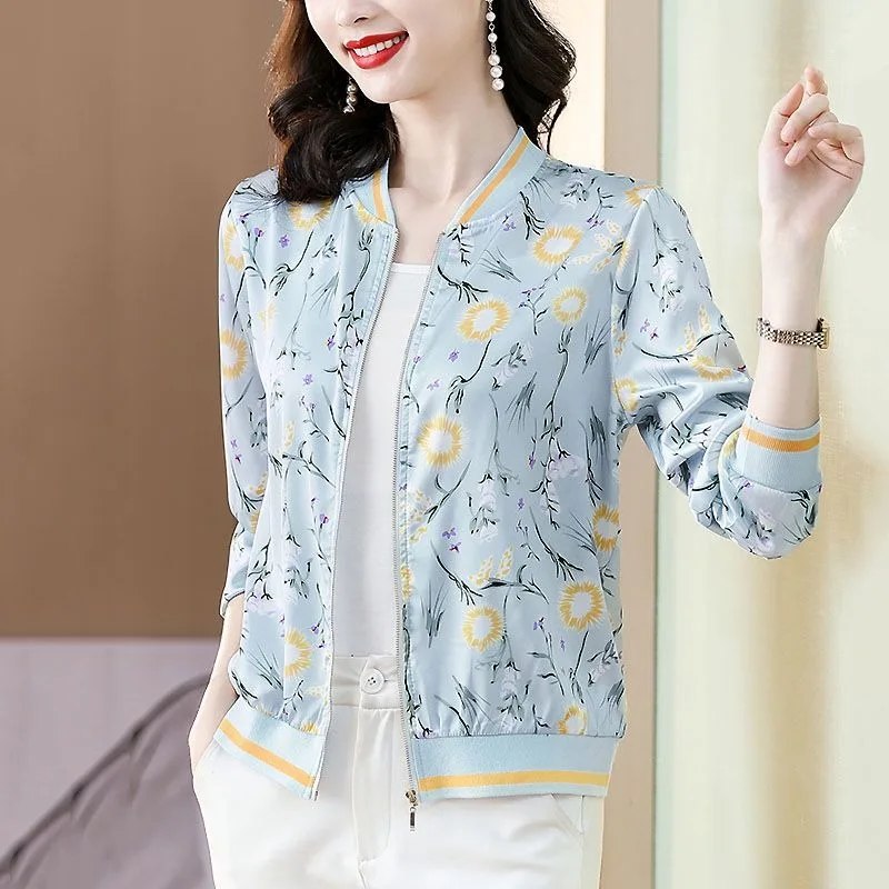 Women's Lightweight Floral Print Silk Thin Silk Cardigan Outerwear For Women Moms Uv Top