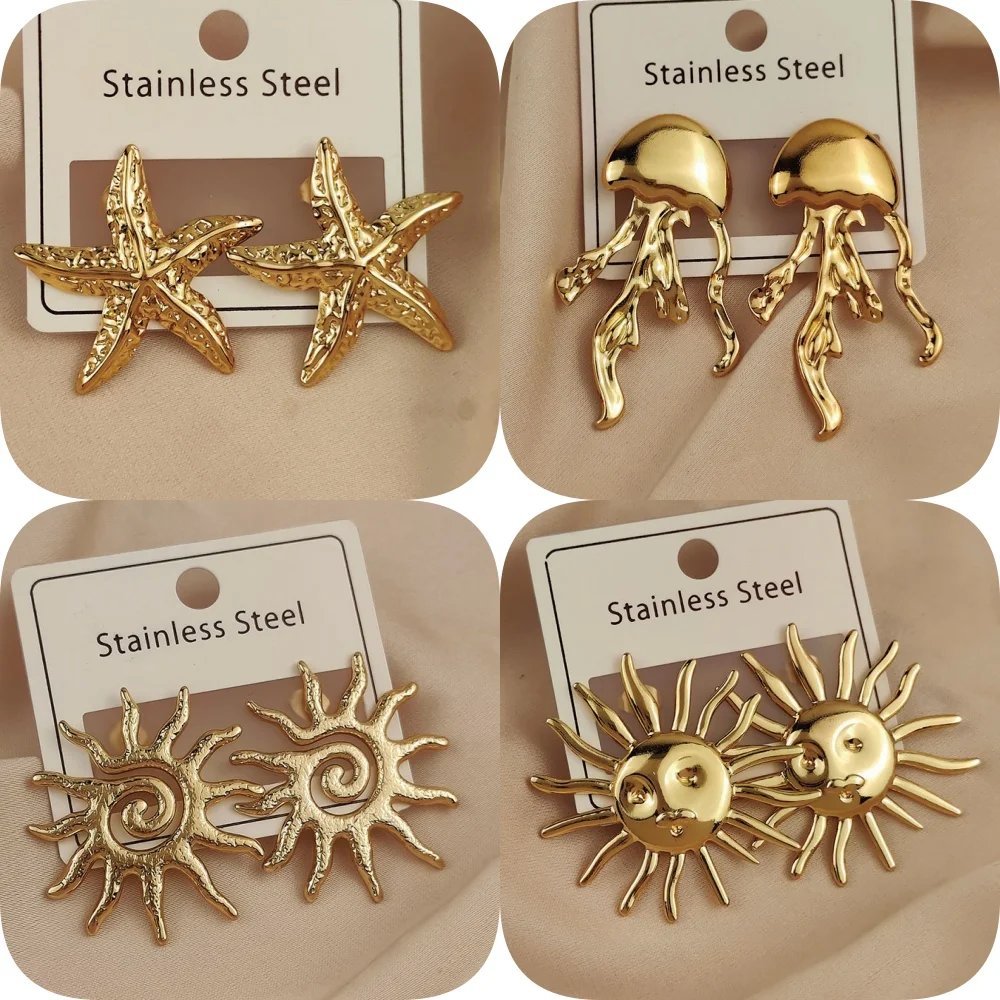 

Charming heavy metal starfish jellyfish sun 18K women's earrings, waterproof and non-fading stainless steel, wife gift