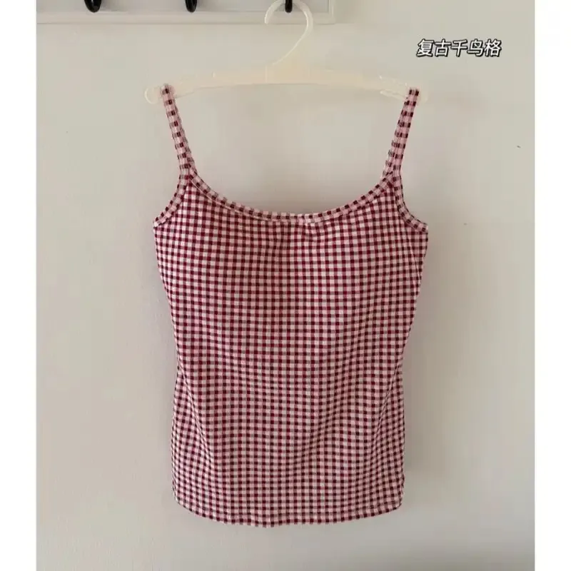 Women's Spaghetti Strap Camisole with Built-in Bra Checkered Polka Dot Print Slim Fit  Top