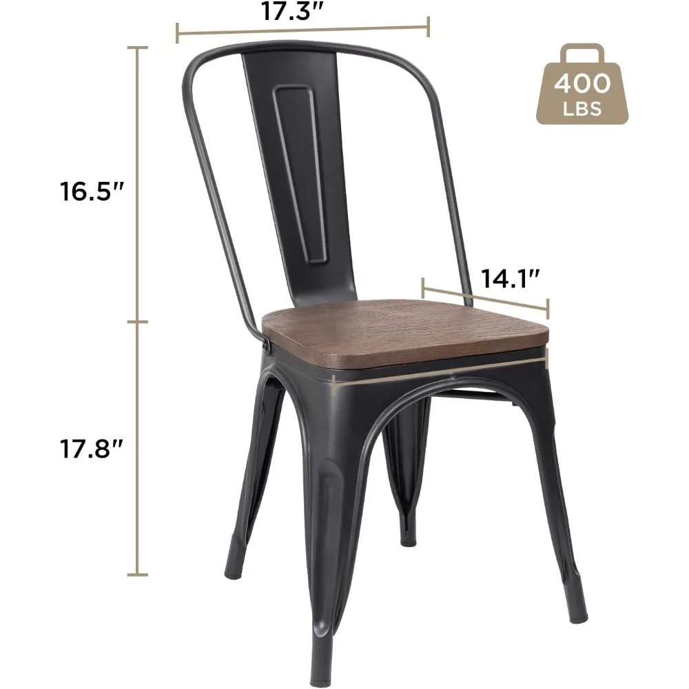 Metal Dining Chair Stackable Industrial Vintage Kitchen Chairs Indoor-Outdoor Bistro Cafe Side Chairs with Back and Wooden Seat