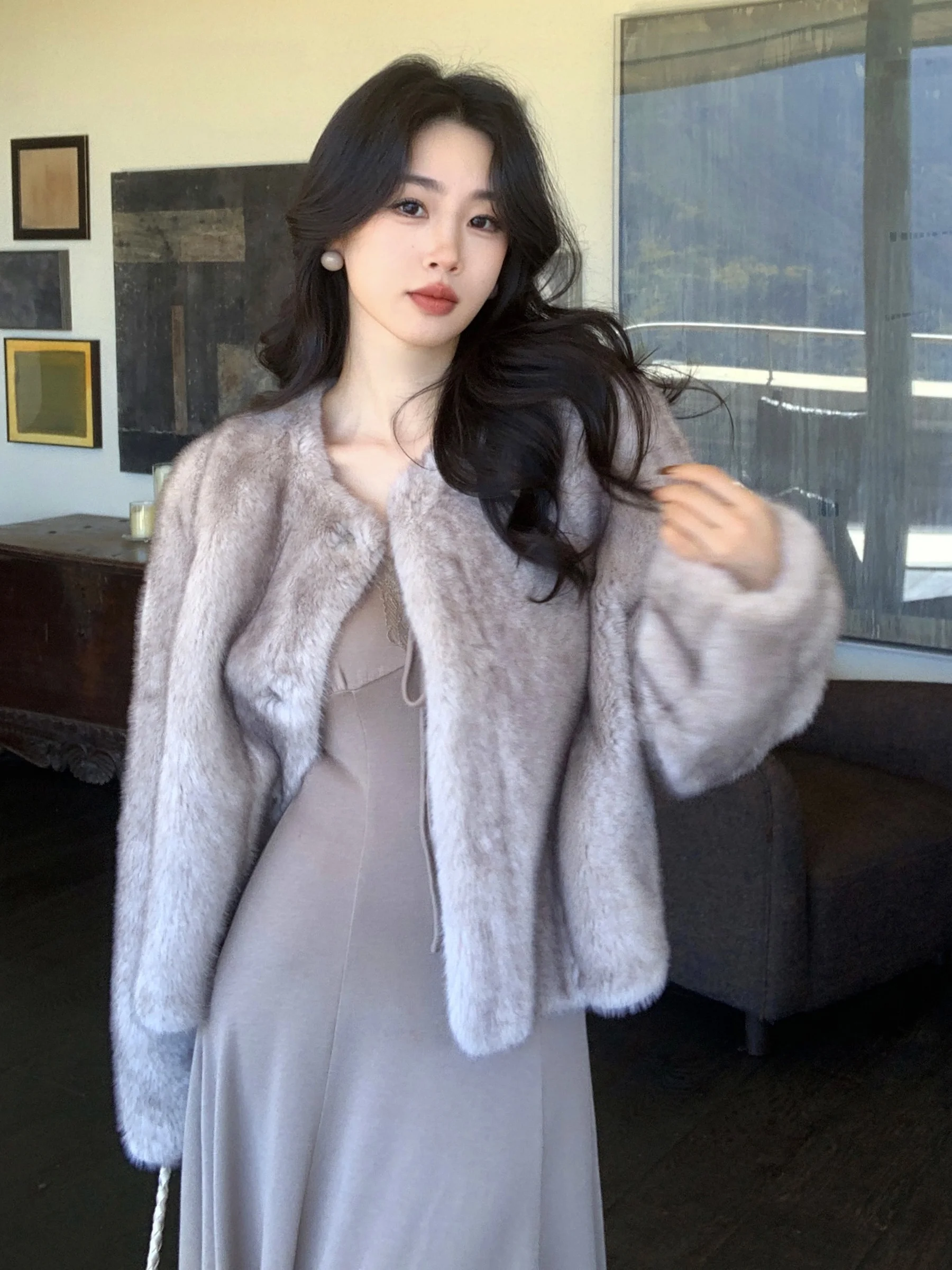 

Soft Fluffy Plu Fur Jaet SYT Small Fraance Sle Inteated Leather And Fur Coat Retro Straight Tube Long Sve ort ...