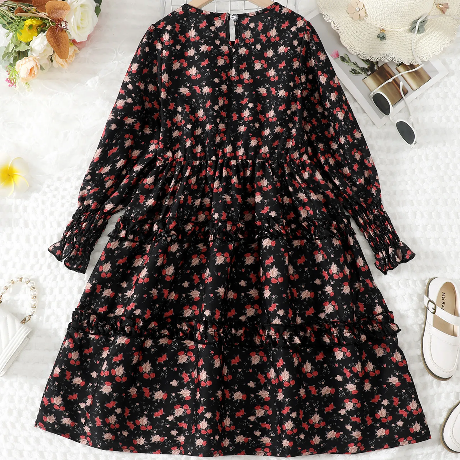 Children Girl's Clothing Floral Print Long Sleeve Round Neck Flounce Ruffle Hem Midi Dress Princess Dress for Girls 7-12 Years