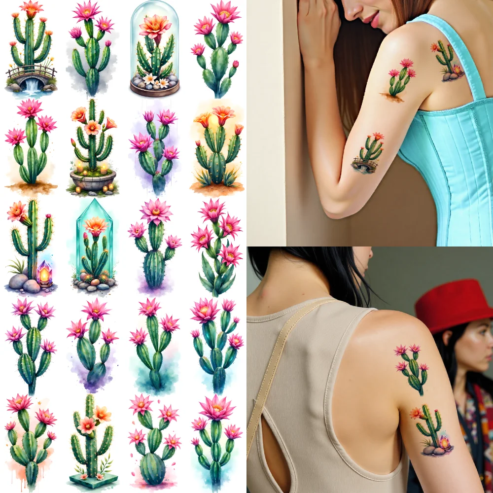 

9pcs Temporary Tattoo Cactus Art Watercolor Flower Decals Temporary Tattoo Stickers For Cheeks Arms