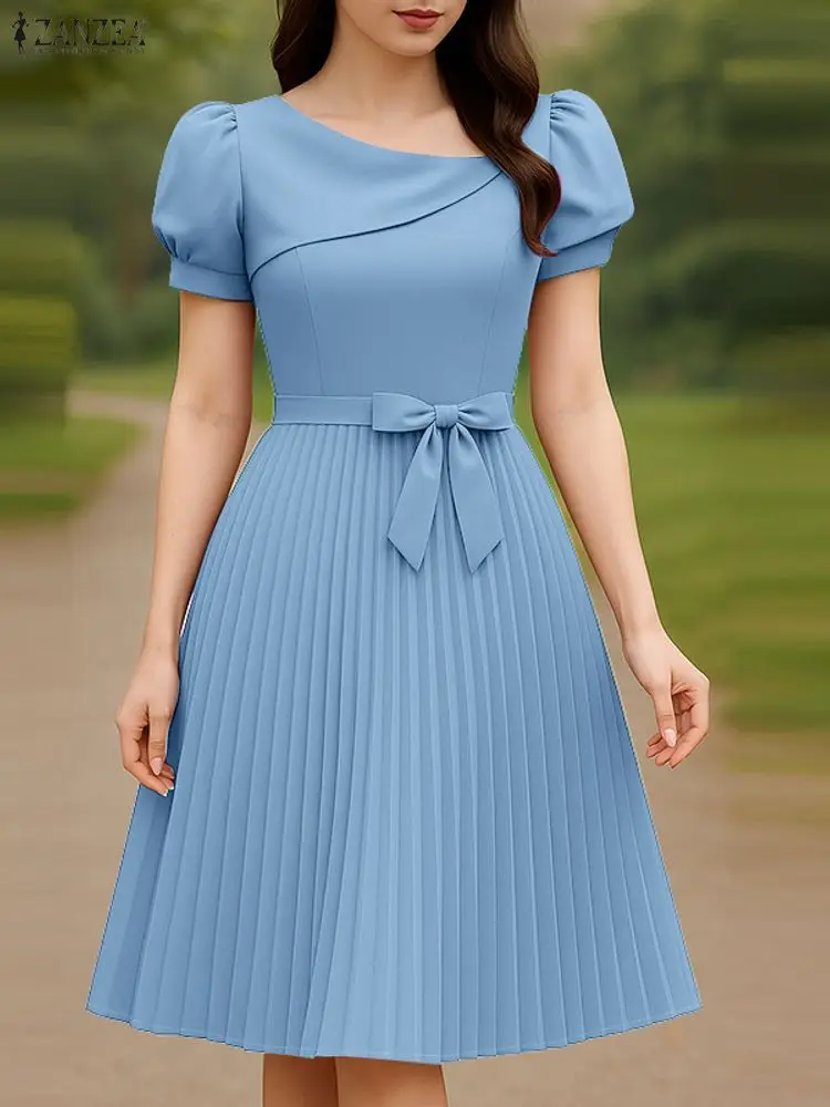 Elegantes Büroarbeitskleid mit quadratischem Ausschnitt ZANZEA Damen 2025, Sommerkleid, Puffärmel, Party, Vestidos, Midi-Robe, solides Plissee-Sommerkleid
