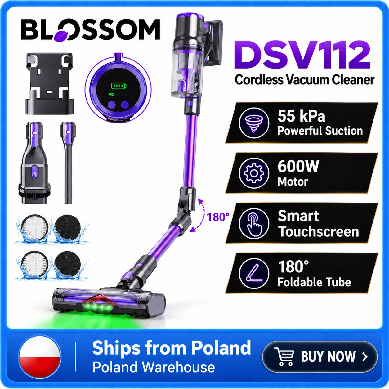 Blossom DSV112 Akku-Staubsauger, 55 kPa, 600 W, bis zu 65 Minuten Laufzeit, Smart-Touchscreen, 180 °   Faltbarer Stiel, 1,5-Liter-Staubbehälter, freistehender Stielstaubsauger für Tierhaare, Teppiche