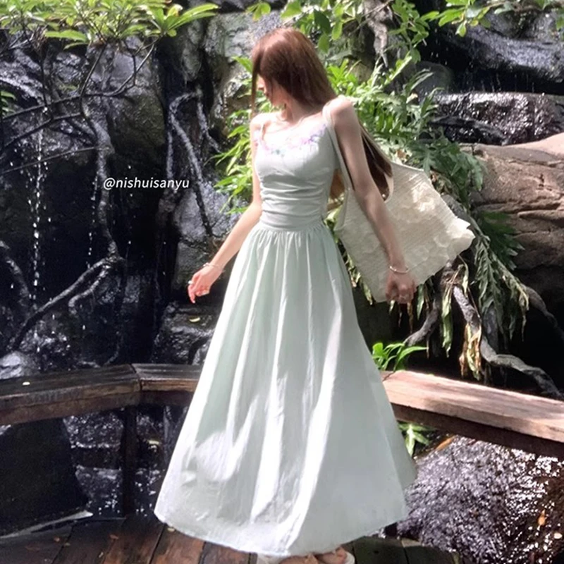 New French Women Dresses Green Strappy Dress for Women's Summer Beach Vacation