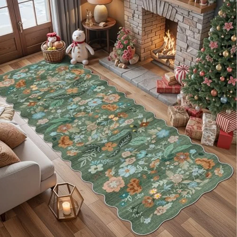 

Washable 3x10 Hallway Runner Rug with Floral Scalloped Design: Soft Non-Slip Water-Resistant Lightweight Carpet Ideal for Entry