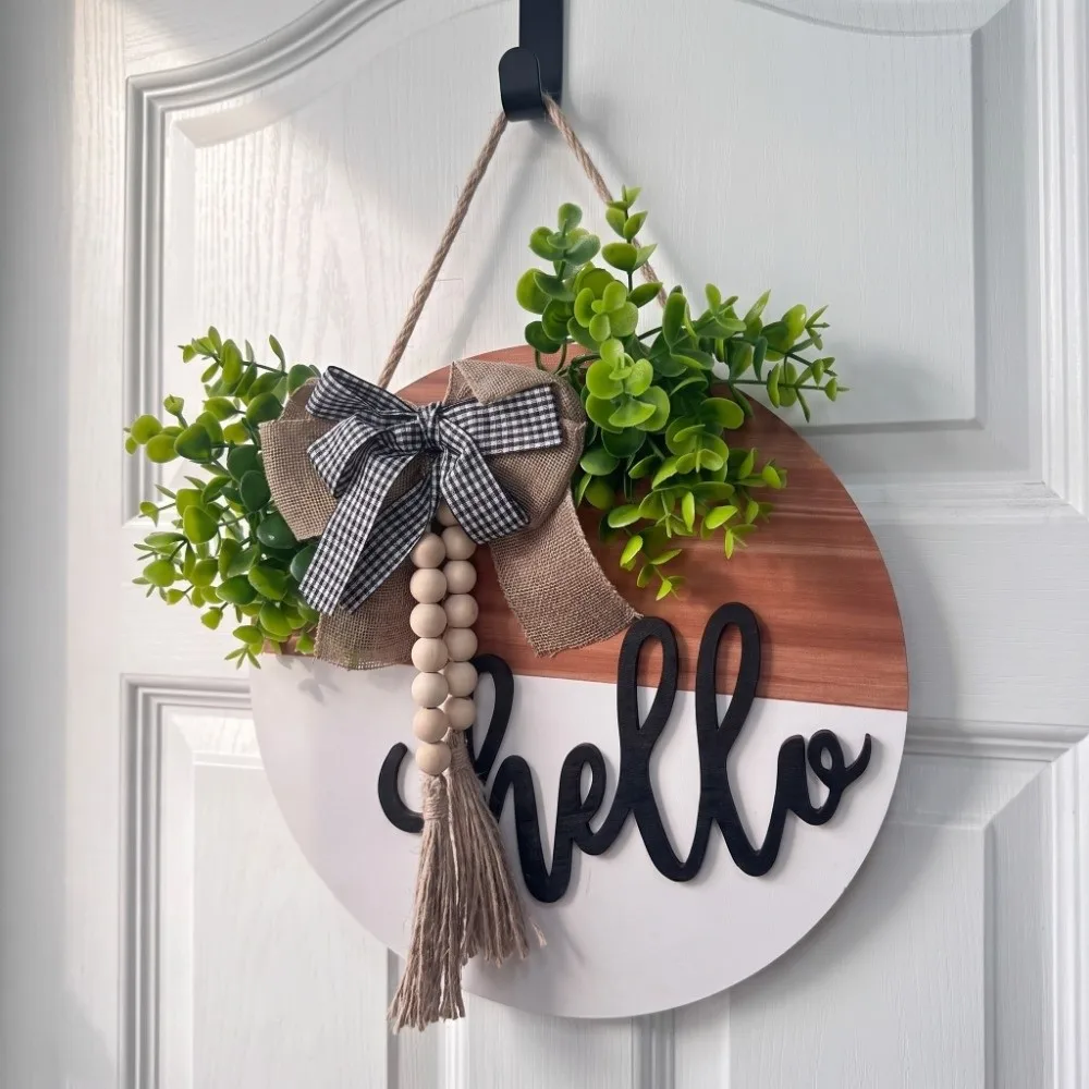 30cm 11.81in Wooden Welcome Sign Bowknot Round Shape Door Wreath American Country Style Artificial Flower Plant