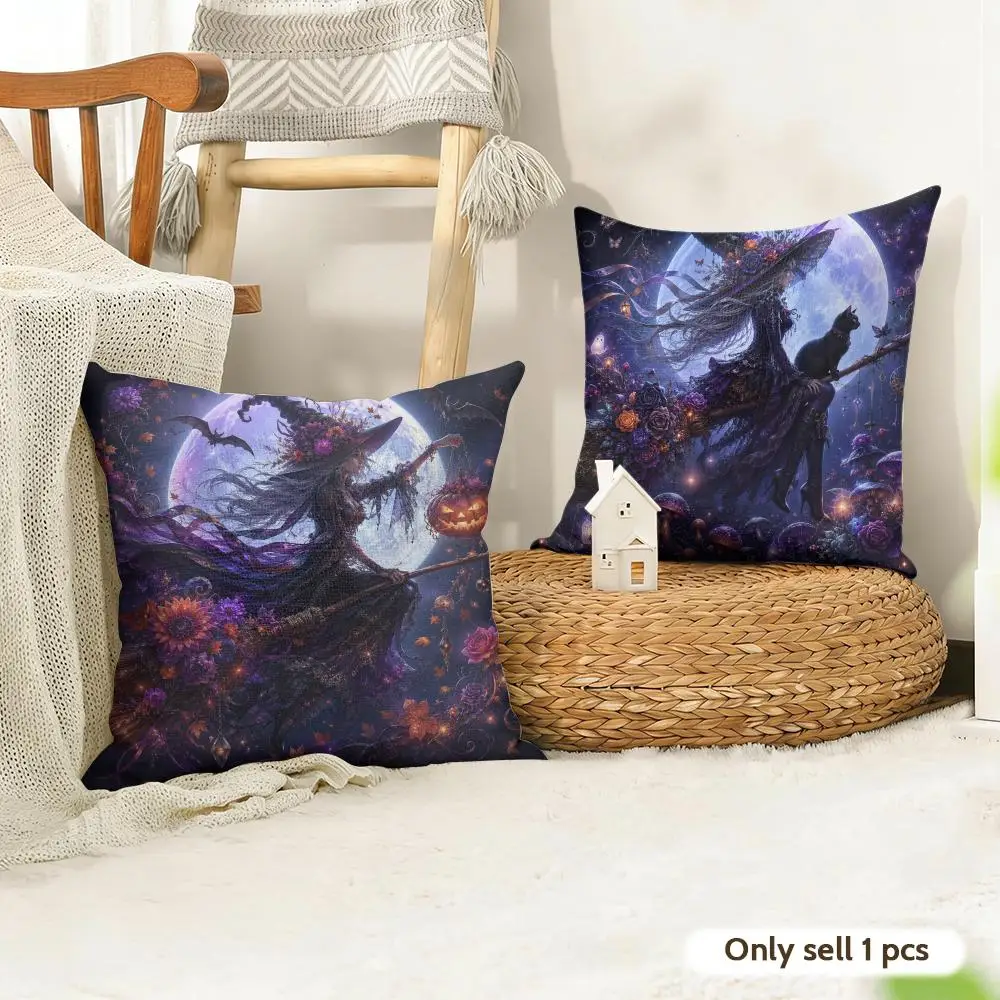 Midnight Moon Witch Cushion Cover Linen Throw Soft Decorative  for Bed Sofa Car Home Decor Pillowcase 45x45cm