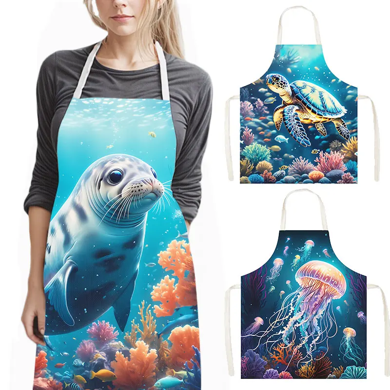 Colorful Ocean Animal Kitchen Aprons Octopus/ Sea Turtle/ Seahorse/ Starfish Pinafore Home Cleaning Clothing Chef Cooking Apron