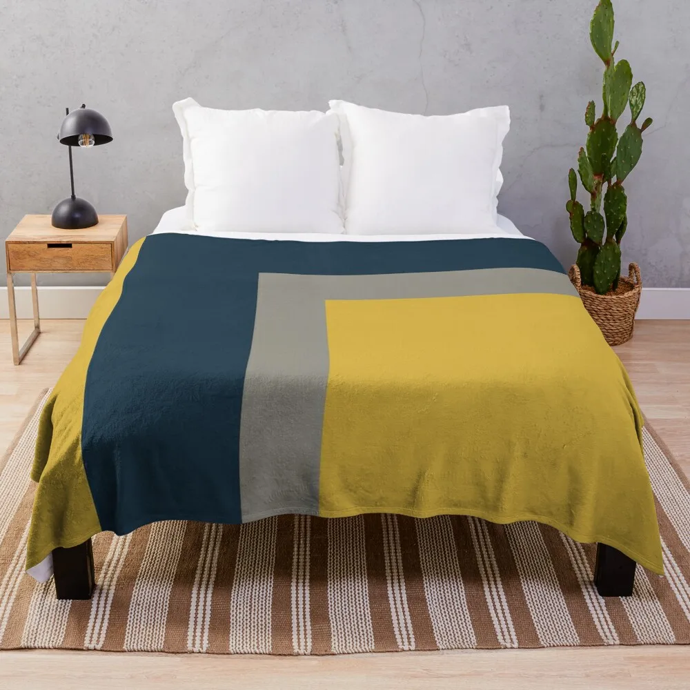 Half Frame Minimalist Geometric Pattern 2 in Mustard Yellow, Navy Blue, and Grey Throw Blanket Single Sofa Throw Blankets