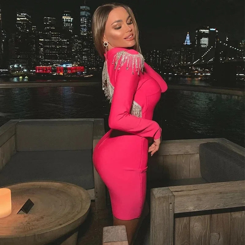 

2025 Plus Size 3XS-3XL Summer Women Pullover Strap Bead Chain Long Sleeve Night Club Party Dresses Vestidos