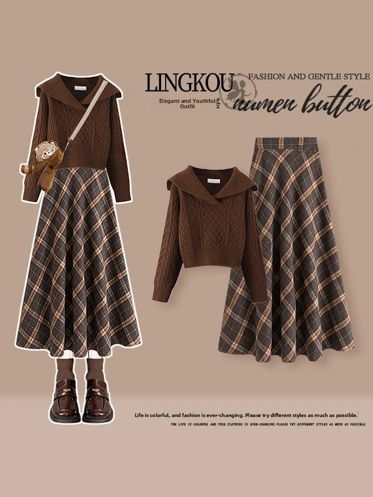 

Vintage Large Size Knitted Set for Women High Waist Skirt And Sweater Two Piece Ensemble Autumn Fashion College Style