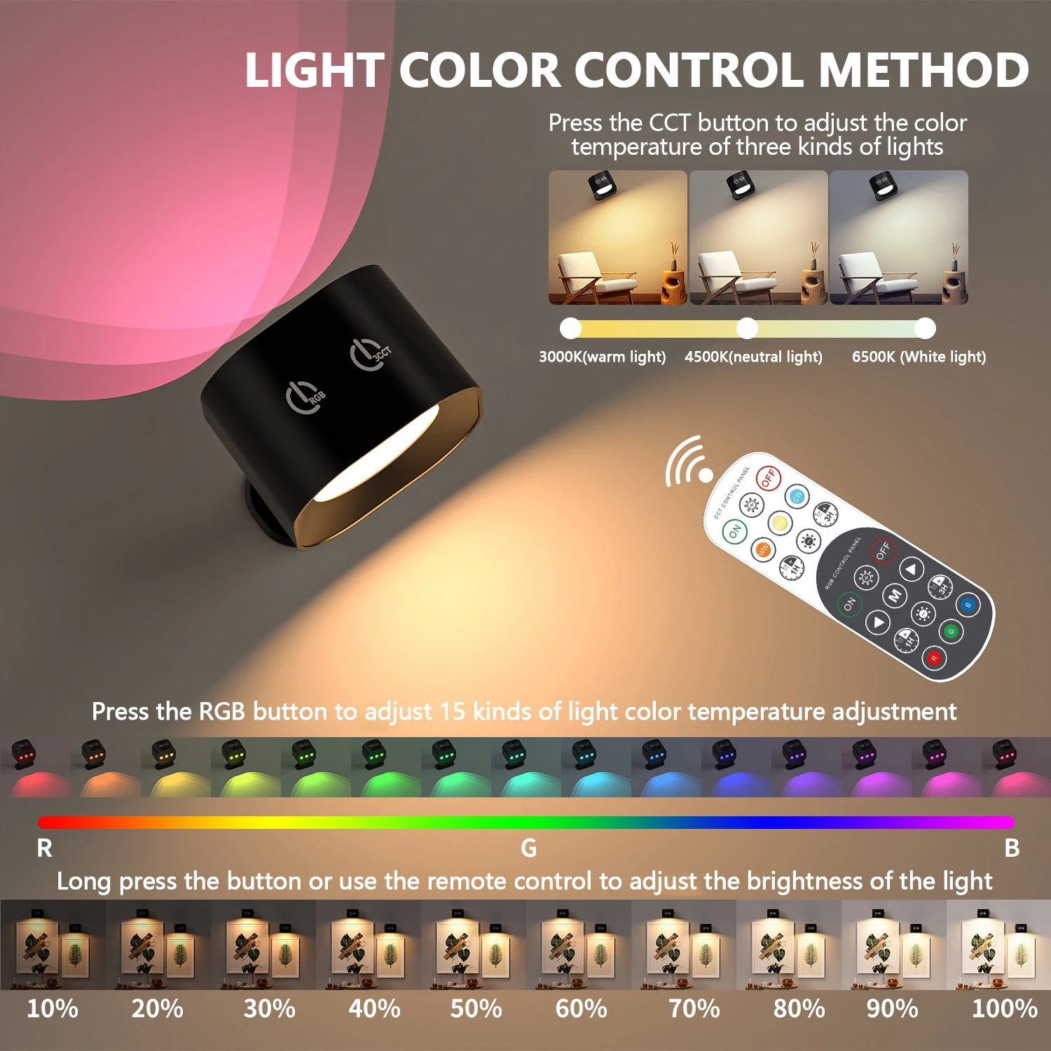 

Led Double Side Wall Lamp Touch Control Remote 15 Colors Dimmable 360 Rotatable USB Recharge Night Light Bedroom Reading Lamp