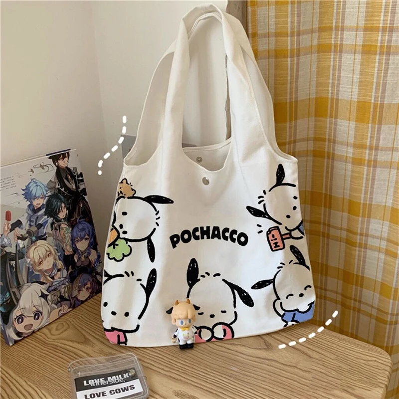 Kawaii Sanrio Shoulder Bag Pochacco Anime Cute Cartoon Shopping Student Book Storage Canvas Handbag Baby Toys For Girls Gifts