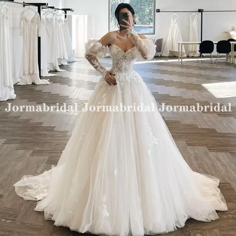 Princesa a linha vestido de casamento com destacável puff manga longa querida decote feito sob encomenda marfim tule igreja vestidos de noiva