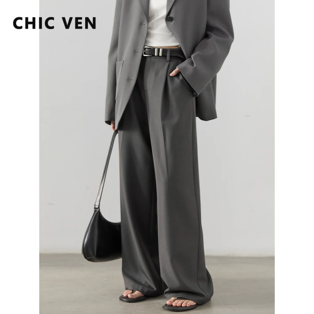 CHIC VEN Vrouwen Broek Koreaanse Casual Hoge Taille Geplooide Wijde Pijpen Pak Broek Vrouwelijke Effen Losse Broek Lente Herfst Nieuwe 2025
