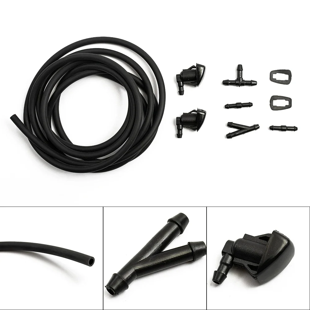 2* Black Plastic Auto Windshield Washer Wiper Water Spray Nozzles +2*Rubber Gaskets+1*Rubber Hose+4*Connectors For Toyota