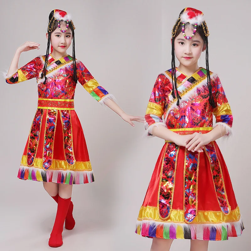 Fashion new children Tibetan dance performance costumes girls minority Chinese ethnic Tibetan Zhuoma performance costumes