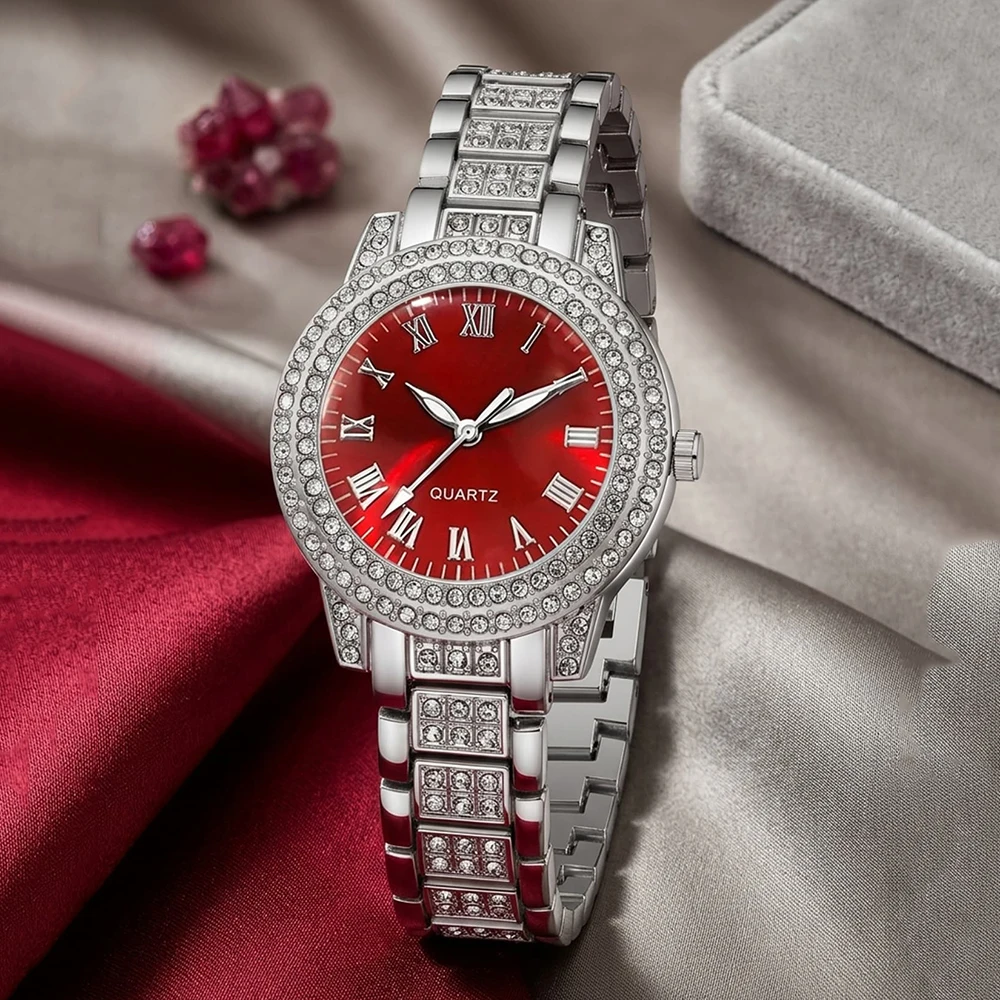 5Pcs/Set Unisex Jewelry Watches Women's Wristwatch Accessories Silver Red Fashionable Elegant Trendy Classic Exquisite Rhinestone Luxury Roman Numeral Dial Round Dial Quartz Watch Y2K Party Gathering Daily Wear Birthday Holiday Gift Travel Vacation