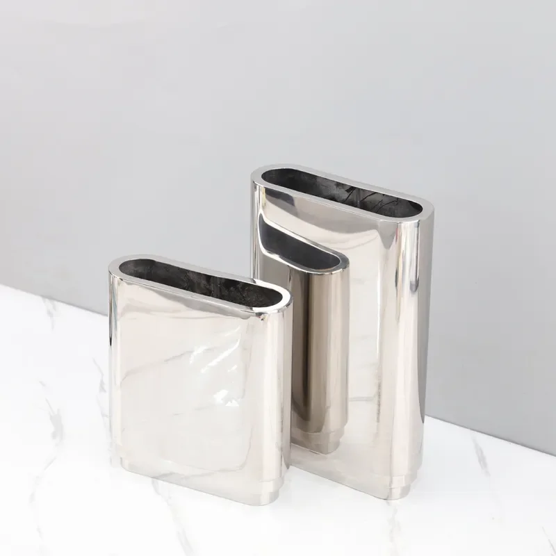Modern Minimalist Silver Mirror Metal Vase Ornament Straight Flower Arranger Living Room Restaurant Hotel Home Decoration