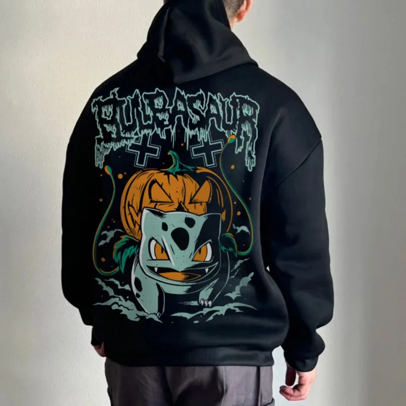 

2025 Extra Large 4xl Pok É Mon Bulbasaur Seed Printed Men's and Women's Autumn/Winter Plush Y2K Halloween Black Hoodie