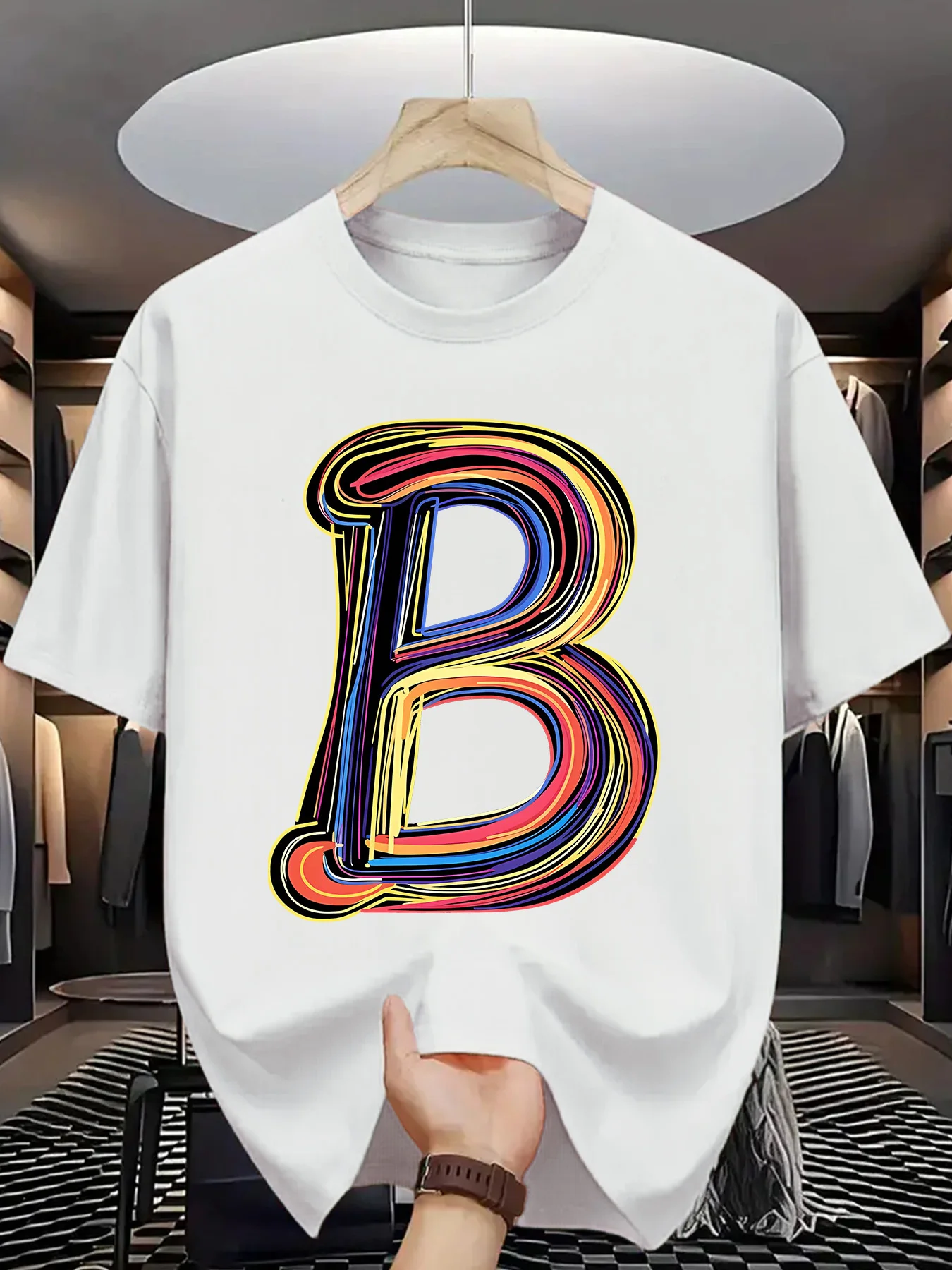 

Men's summer casual short-sleeved T-shirt with eye-catching neon letter "B" pattern print