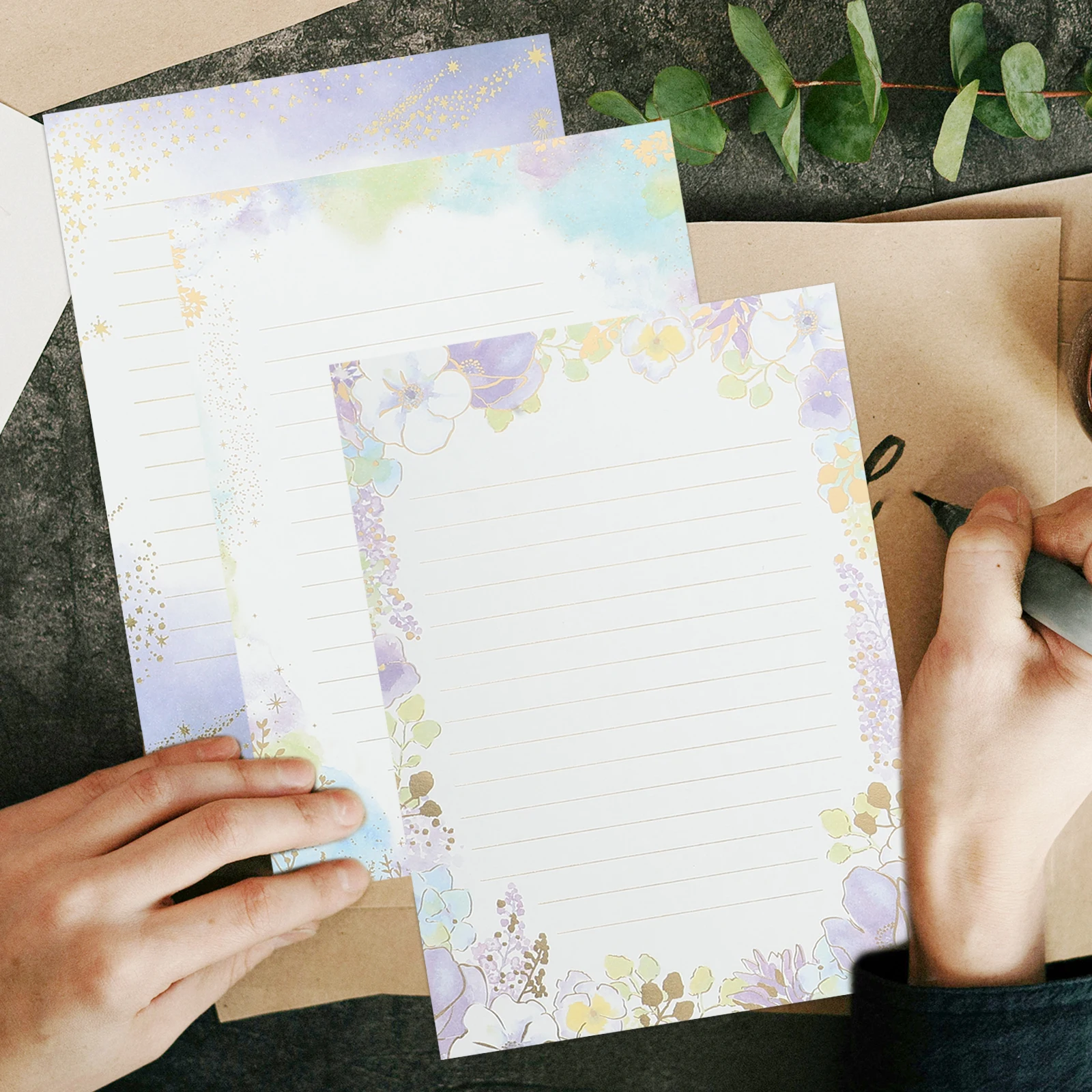 

24 Sheets A5 Gold Foil Letterhead Stationery Smooth Thick Paper Vintage Floral Writing Papers Ideal Invitations Certificates
