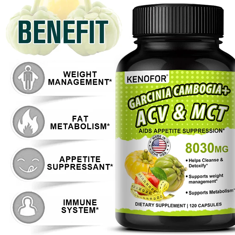 Garcinia Cambogia + ACV & MCT - Fast Appetite Suppressant - Fat Burner for Men and Women, Helps Cleanse, Detoxify and Metabolize