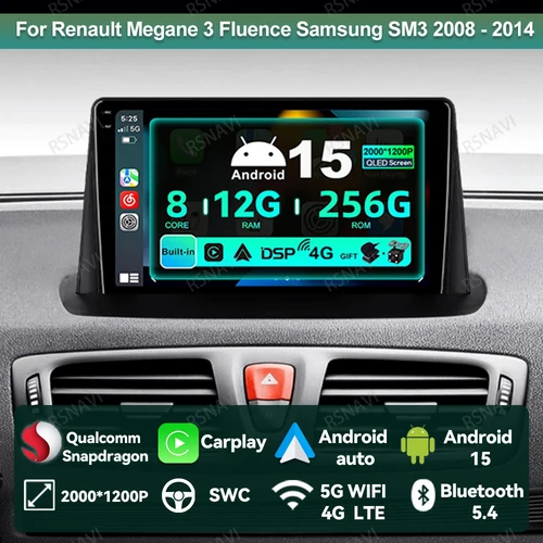 Imagen 1 del producto Radio de coche Android 15 para Renault Megane 3 Fluence Samsung SM3 2008 - 2014 4G LTE 5G WIFI unidad principal reproductor Viedo DVD DSP estéreo
