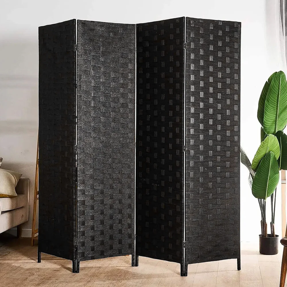 Black Woven Fiber 4 Panel Folding Room Divider