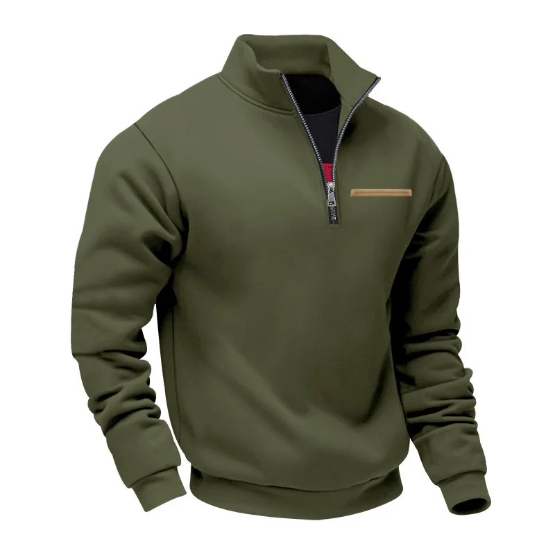 Amerikanischer Herbst- und Winter-Herrenpullover aus schwerem Fleece mit langen Ärmeln, halbem Reißverschluss, lockerem Schnitt und Stehkragen – Detail 19