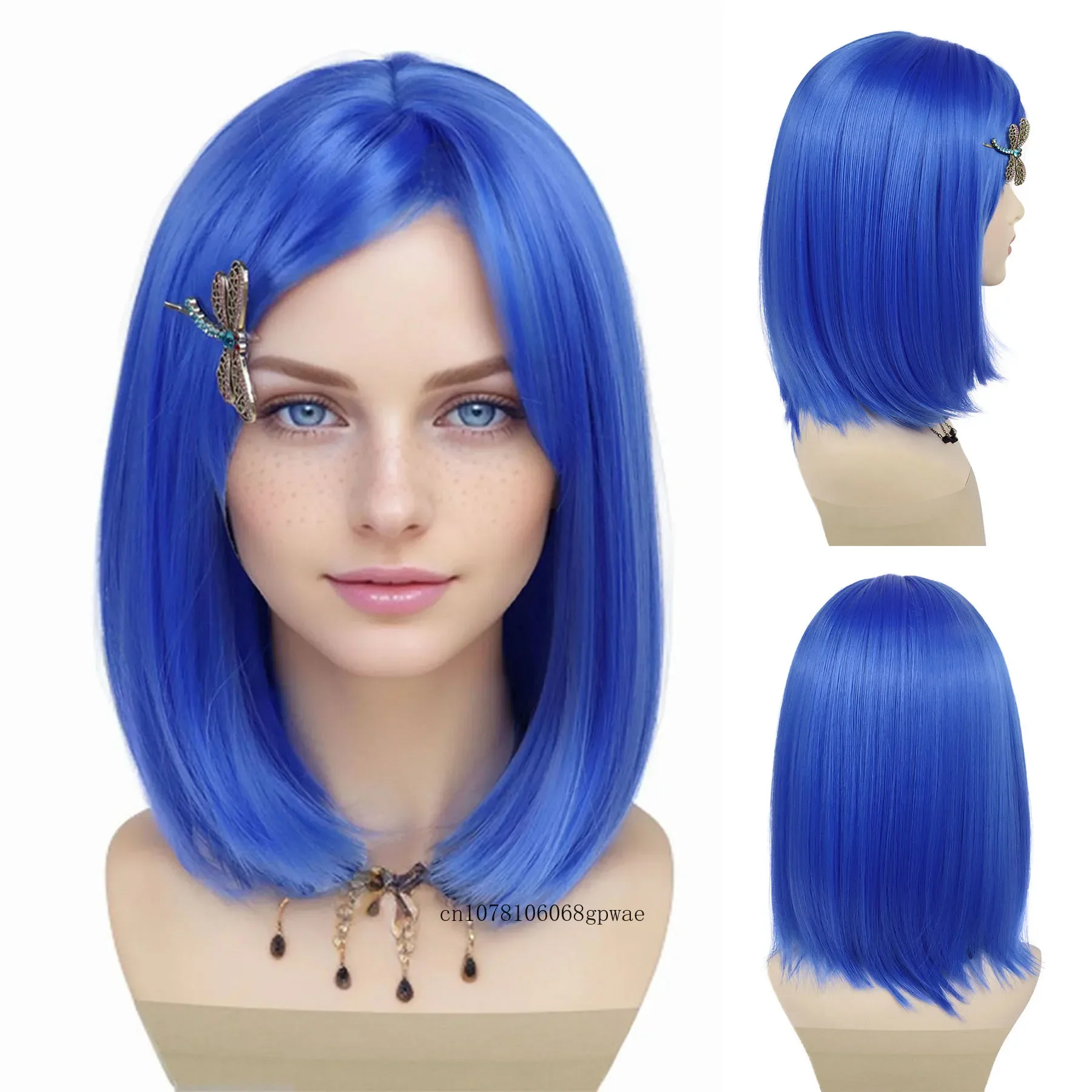 Women's Anime Wigs Synthetic Short Blue Bob Wig with Dragonfly Hairpin Fits All Halloween Costume Cosplay Party Natural Looking