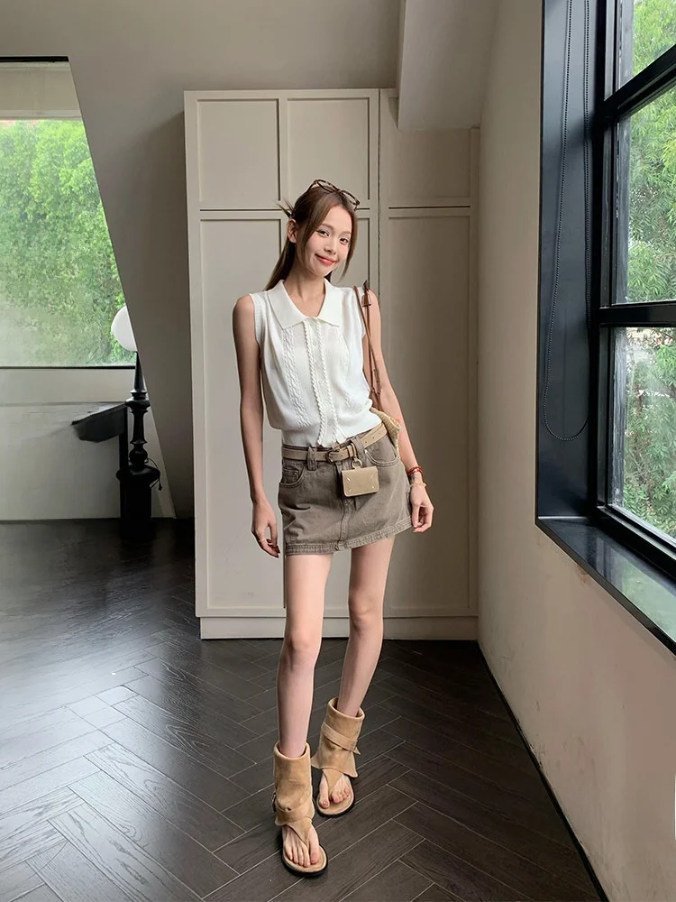 

American Retro Washed Cotton Skirt for Women Light Coffee Color A-Line Wrap around Skirt Low Waist Casual Style