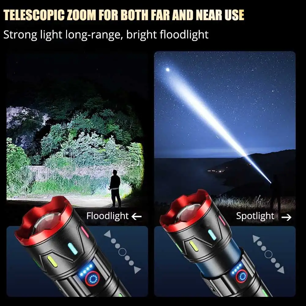 10000mah 2024 Power Spotlight LED Flashlight With Fluorescent Absorbing Film Luminous Colorful Tactical Torch With Power Display