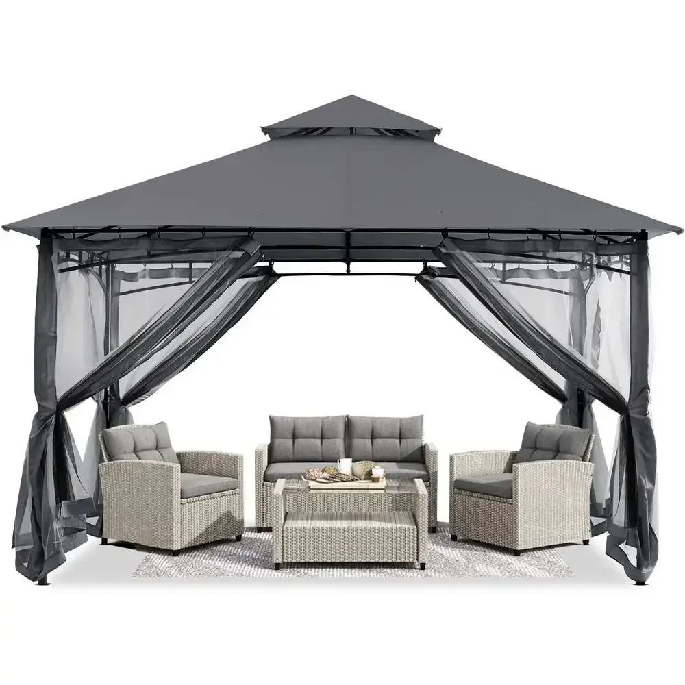 Outdoor Steel Gazebo with Mosquito Netting for Lawn, Backyard, or Garden Deck - 10x10 (K Gray)