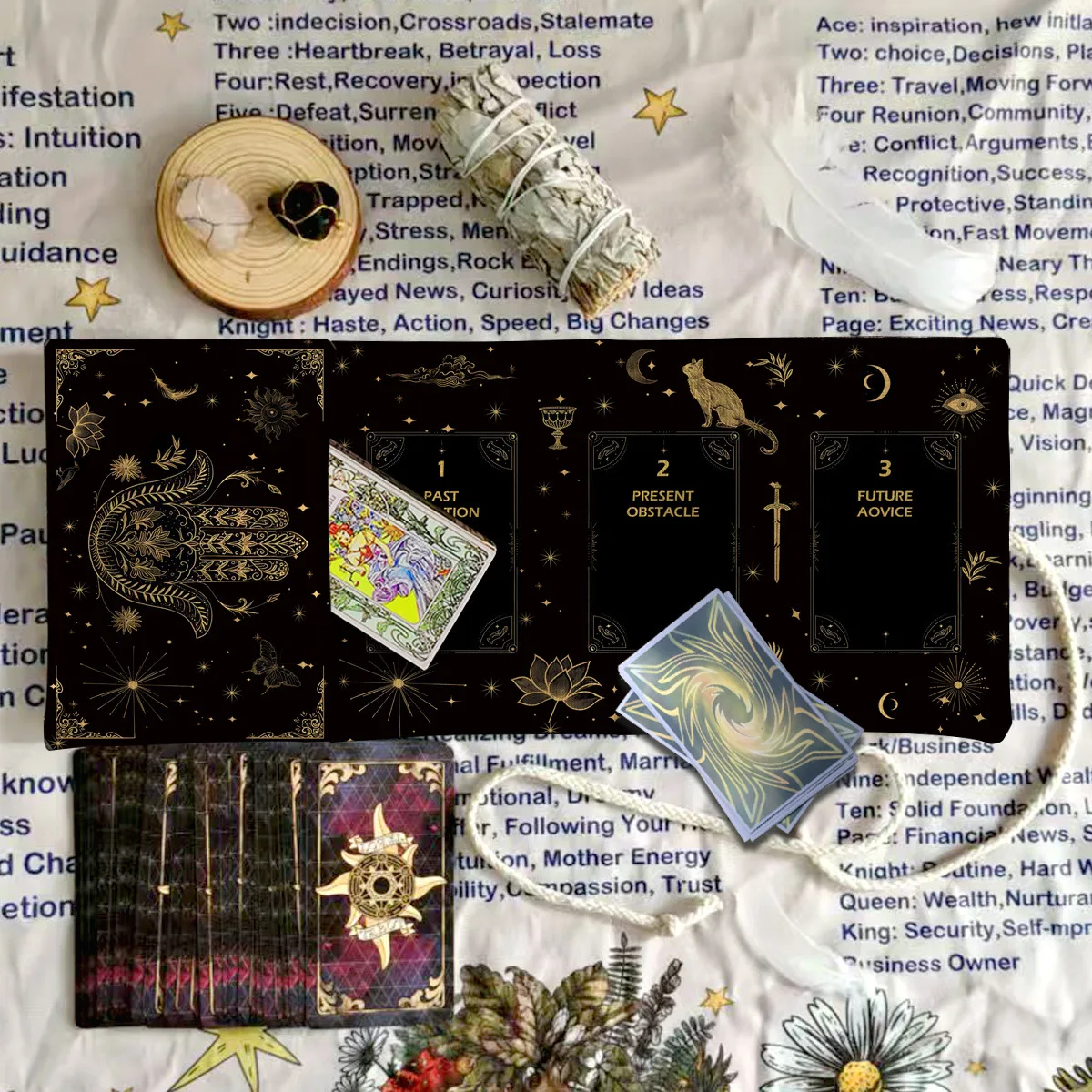 2‑in‑1 Hand Black Gold Tarot Pouch Bag Foldable Pre‑Printed 3‑Card Divination Spread Mat Card Pouch