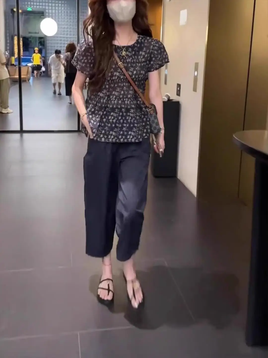 

Summer Floral Print Loose Short Sleeve Shirt And Nine Point Pants Women's Casual Fashion Set Two Pieces round Neck Top Bottom