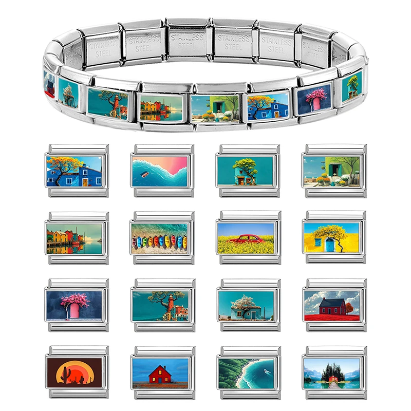 Y2K Spring Summer Scenery Sea Beach Ship Villa House Charm Italian Link Fit 9mm Bracelet Stainless Steel DIY Making Jewelry Gift