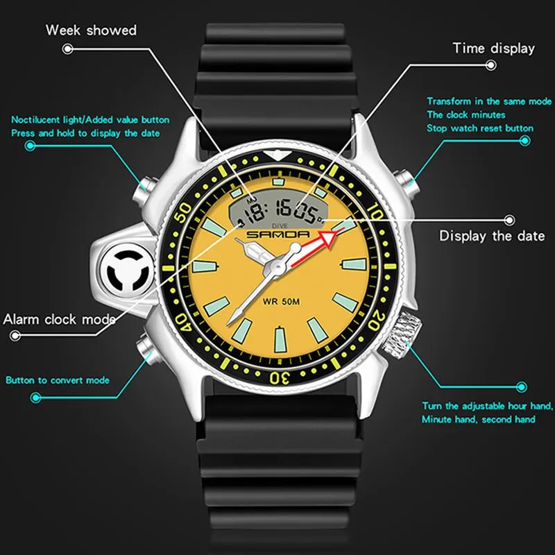 SANDA Sport Men Quartz Digital Watch Creative Diving Watches Men Waterproof Alarm Watch Dual Display Clock Relogio Masculino